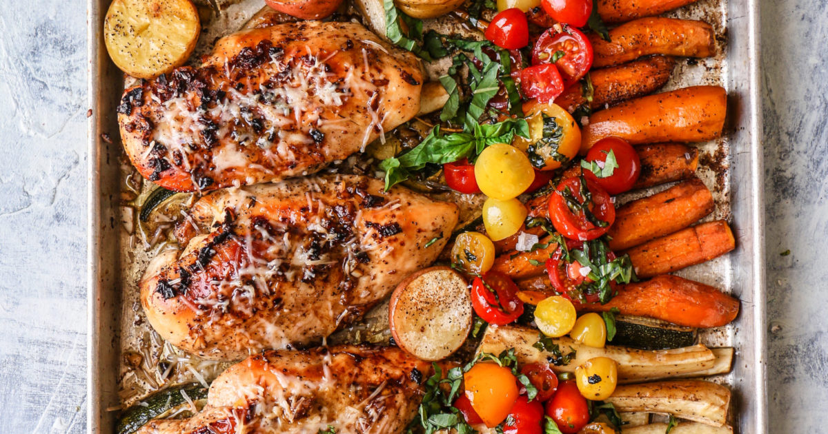 Sheet Pan Bruschetta Chicken With Veggies And Grilled Bread