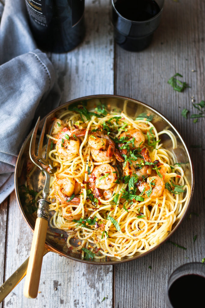 Shrimp Scampi in coconut rum sauce with Linguine