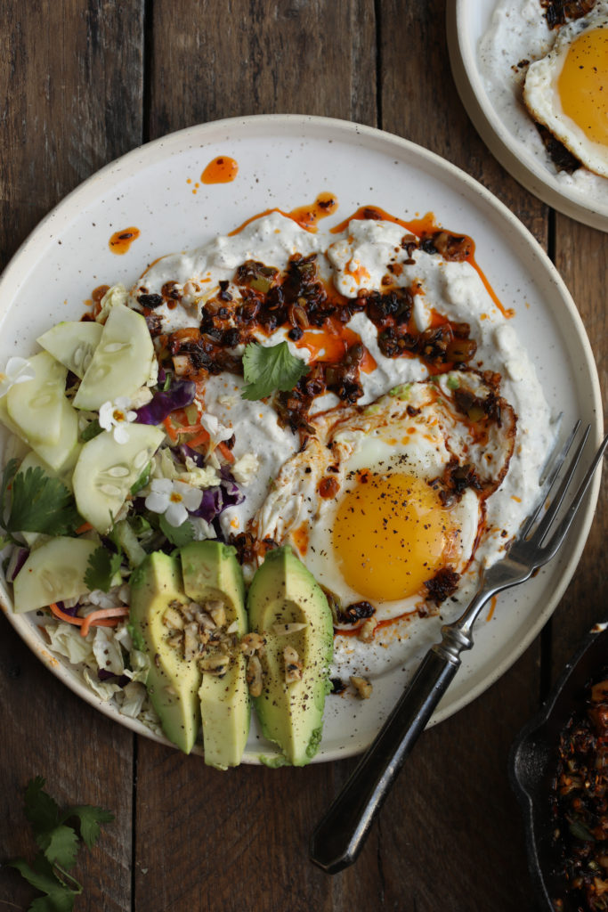 Turkish Eggs with Feta Yogurt and Garlic Chili Sauce