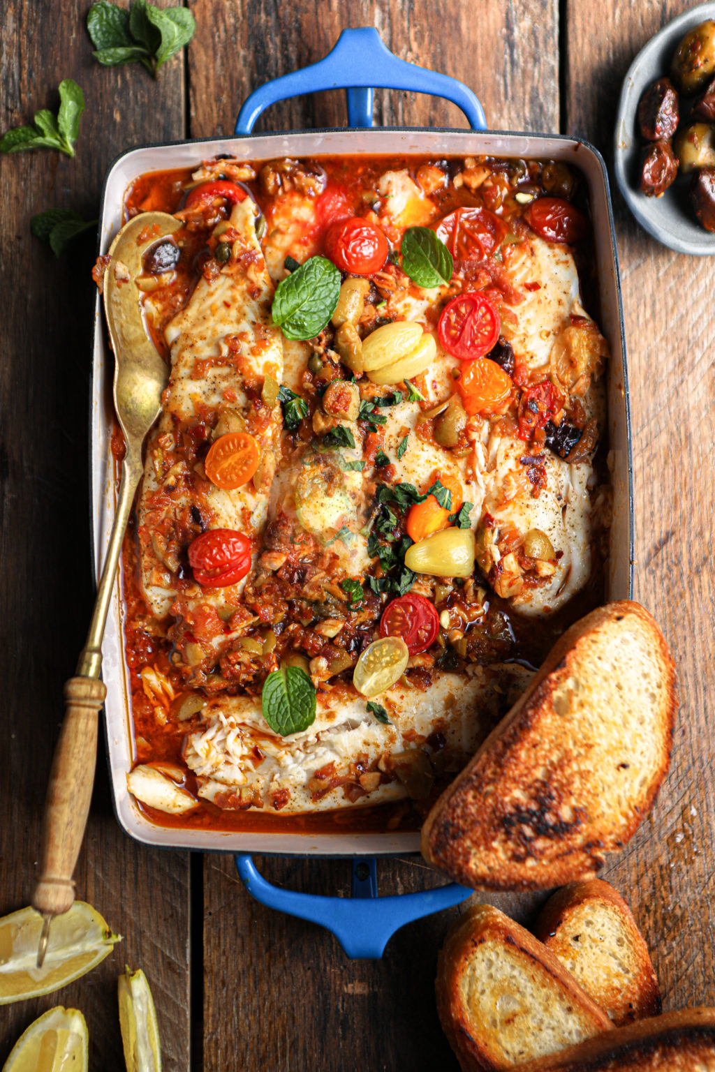 Baked Spiced Mediterranean fish with Olives and Capers